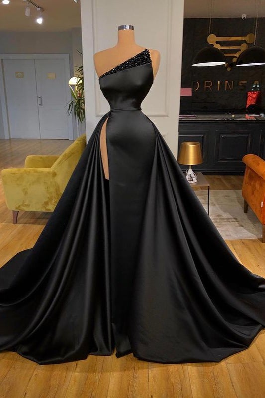 Gorgeous Black Prom Dress UK with Long Slit & Beaded Overskirt-ballbellauk