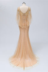 Gorgeous Champagne Long Tulle Prom Dress UK with Jewel Ruffles Sleeves & Beadings-ballbellauk