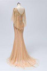 Gorgeous Champagne Long Tulle Prom Dress UK with Jewel Ruffles Sleeves & Beadings-ballbellauk