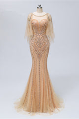 Gorgeous Champagne Long Tulle Prom Dress UK with Jewel Ruffles Sleeves & Beadings-ballbellauk