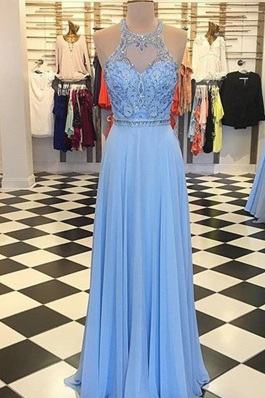 Gorgeous Chiffon Beading Halter Sleeveless Long Prom Dress-ballbellauk