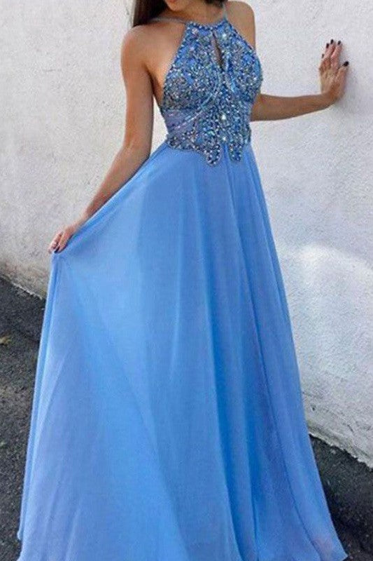 Gorgeous Chiffon Beading Halter Sleeveless Long Prom Dress-ballbellauk