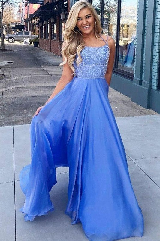 Gorgeous Chiffon Beading Spaghetti-Straps Sleeveless Long Prom Dress-ballbellauk