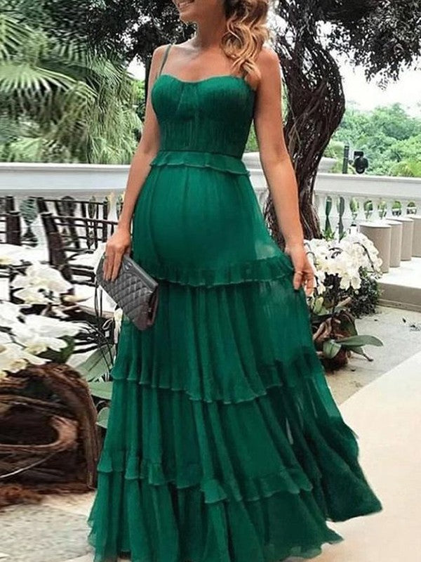 Gorgeous Chiffon Ruched Spaghetti-Straps Sleeveless Long Prom Dress-ballbellauk