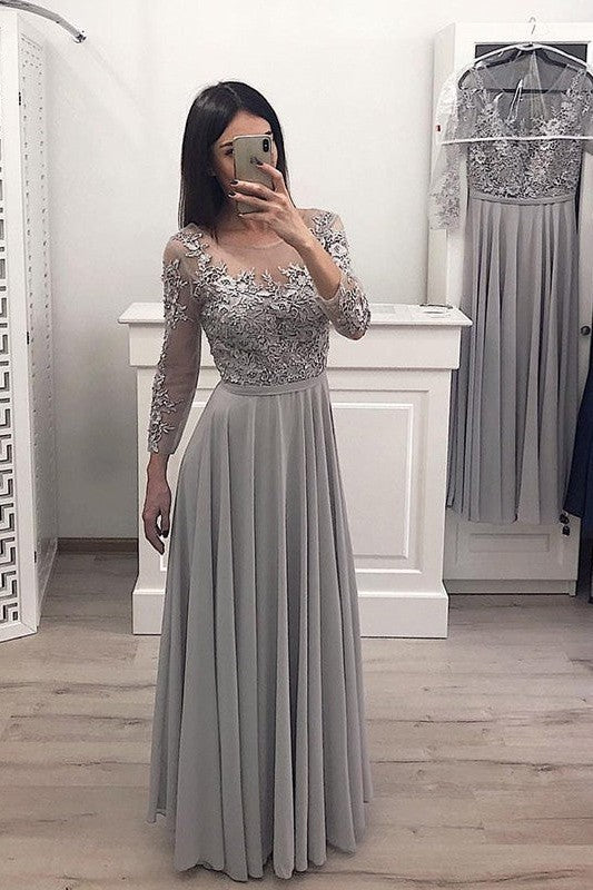 Gorgeous Chiffon With Appliques Scoop Long Sleeves Long Prom Dress-ballbellauk