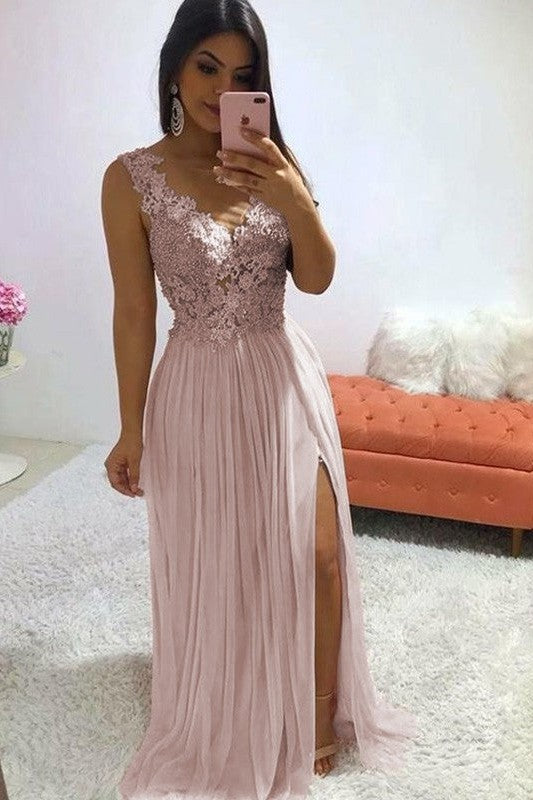 Gorgeous Chiffon With Appliques Sleeveless V-neck Prom Dress-ballbellauk