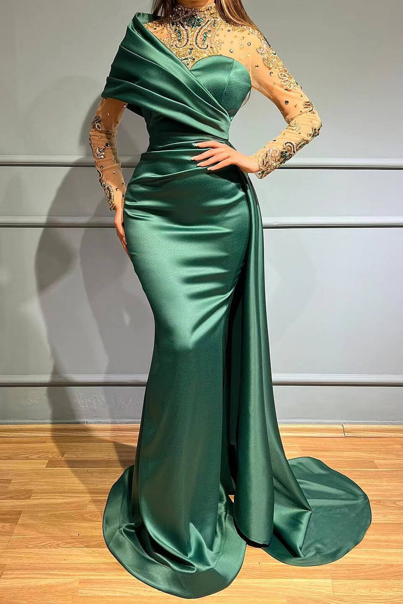 Gorgeous Crystal Mermaid Prom Dress UK with Ruffles & High Neck Long Sleeves-ballbellauk