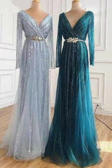 Gorgeous Deep V-Neck Sequins Evening Dress with Beads Tulle Long Sleeves-ballbellauk