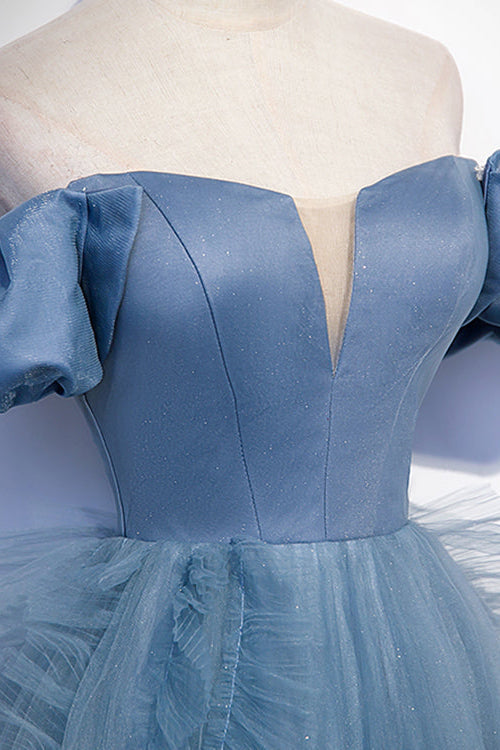 Gorgeous Dusty Blue Off-The-Shoulder Long Prom Dress UK Tulle With V-Neck-ballbellauk