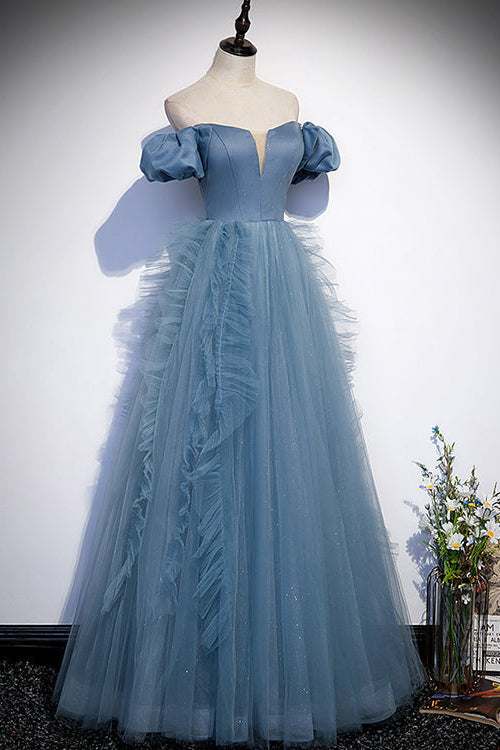 Gorgeous Dusty Blue Off-The-Shoulder Long Prom Dress UK Tulle With V-Neck-ballbellauk