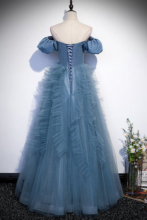 Gorgeous Dusty Blue Off-The-Shoulder Long Prom Dress UK Tulle With V-Neck-ballbellauk