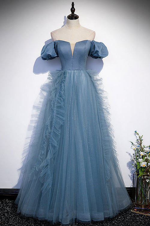 Gorgeous Dusty Blue Off-The-Shoulder Long Prom Dress UK Tulle With V-Neck-ballbellauk