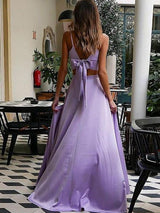 Gorgeous Elastic Woven Satin Ruffles V-neck Sleeveless Two Piece Prom Dress-ballbellauk