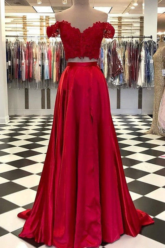 Gorgeous Elastic Woven Satin With Appliques Off-the-Shoulder Sleeveless Two Piece Prom Dress-ballbellauk