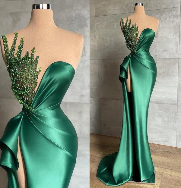 Gorgeous Emerald Green Mermaid Evening Dress With Split & Appliques-ballbellauk