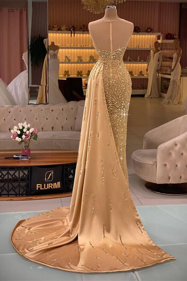 Gorgeous Gold Sweetheart Sleeveless Mermaid Evening Dress with Rhinestone Beadings and Ruffles-ballbellauk