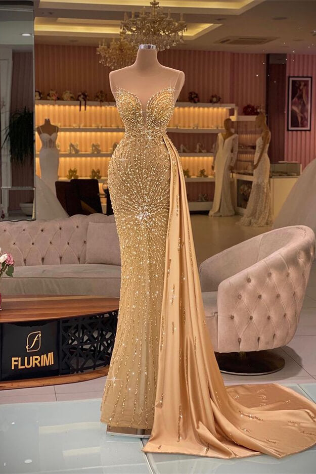 Gorgeous Gold Sweetheart Sleeveless Mermaid Evening Dress with Rhinestone Beadings and Ruffles-ballbellauk