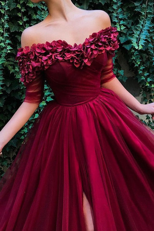 Gorgeous Half Sleeves Off-the-Shoulder Tulle Prom Dress-ballbellauk