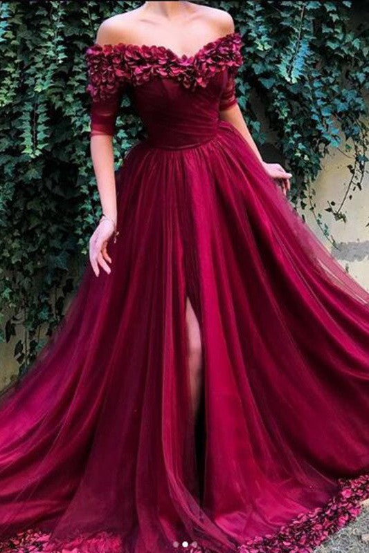 Gorgeous Half Sleeves Off-the-Shoulder Tulle Prom Dress-ballbellauk