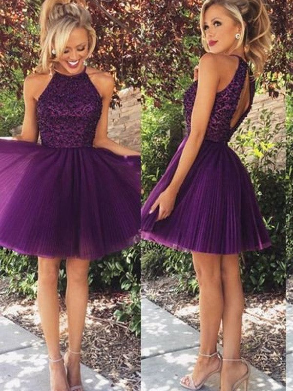 Gorgeous Halter Beading Sleeveless Tulle Prom Dress-ballbellauk