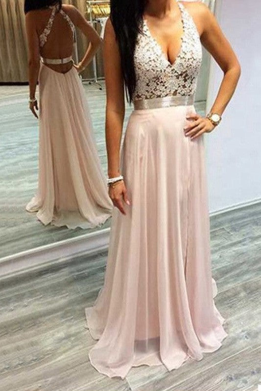 Gorgeous Halter Sleeveless Chiffon Lace Prom Dress-ballbellauk