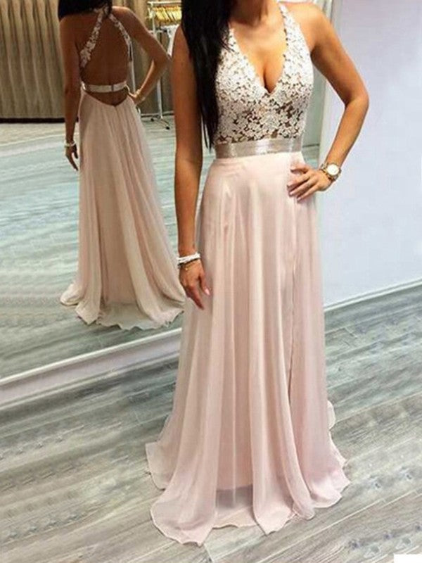 Gorgeous Halter Sleeveless Chiffon Lace Prom Dress-ballbellauk