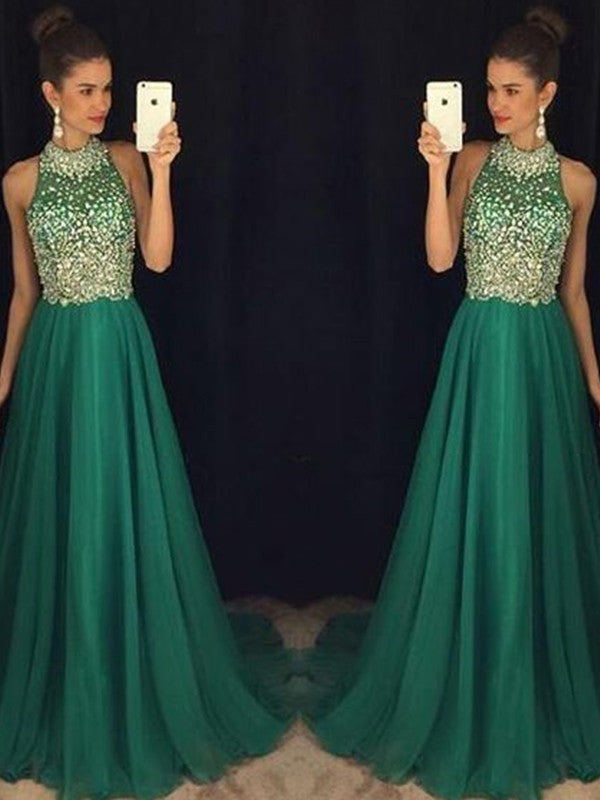 Gorgeous Halter Sleeveless Long Beading Evening Dress Chiffon-ballbellauk