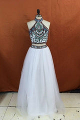 Gorgeous Halter Sleeveless Long Beading Net Two Piece Prom Dress-ballbellauk