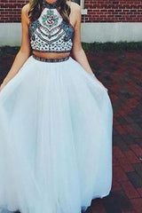 Gorgeous Halter Sleeveless Long Beading Net Two Piece Prom Dress-ballbellauk