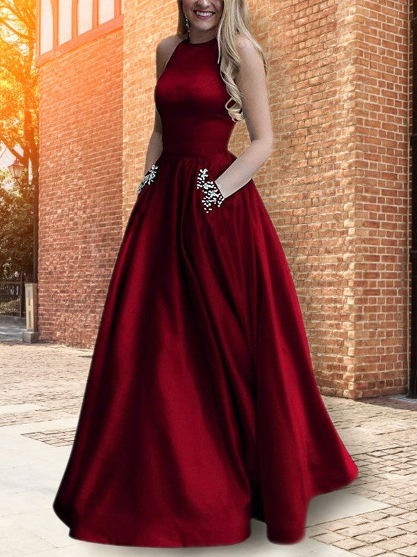 Gorgeous Halter Sleeveless Long Beading Prom Dress with Satin-ballbellauk