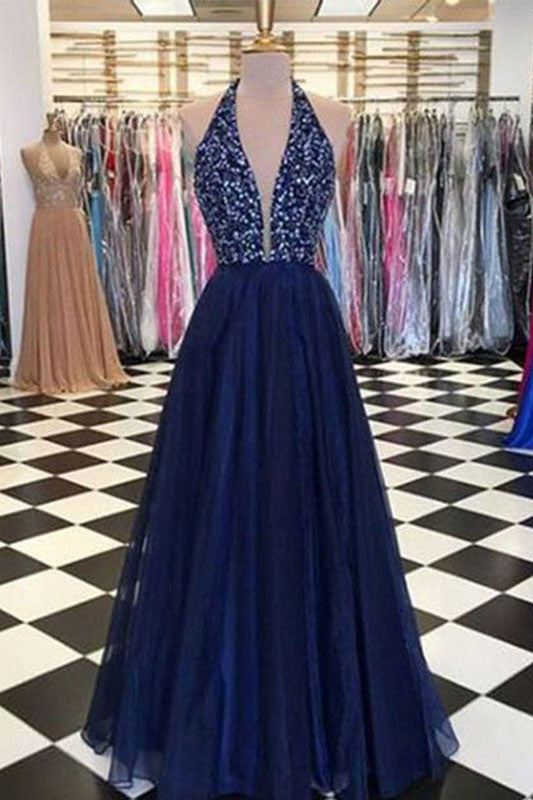 Gorgeous Halter Sleeveless Long Beading Tulle Prom Dress online-ballbellauk