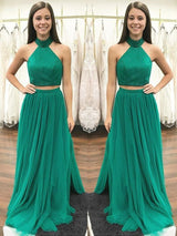 Gorgeous Halter Sleeveless Long Beading Tulle Two Piece Prom Dress-ballbellauk