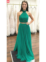 Gorgeous Halter Sleeveless Long Beading Tulle Two Piece Prom Dress-ballbellauk