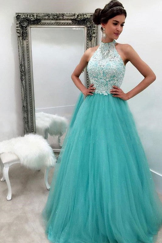 Gorgeous Halter Sleeveless Long Tulle Prom Dress-ballbellauk