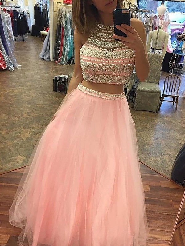 Gorgeous Halter Sleeveless Tulle Long Beading Two Piece Prom Dress-ballbellauk