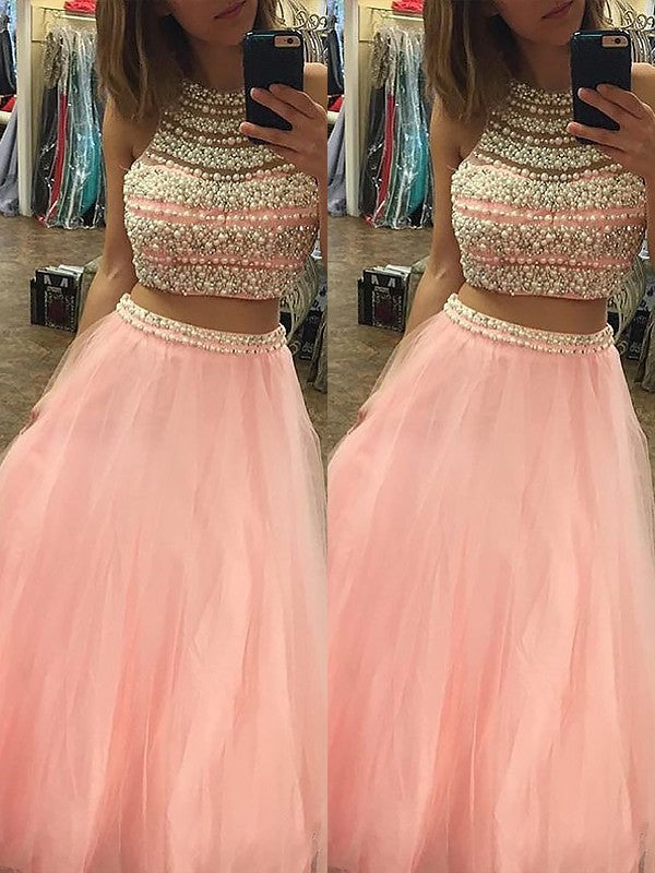 Gorgeous Halter Sleeveless Tulle Long Beading Two Piece Prom Dress-ballbellauk