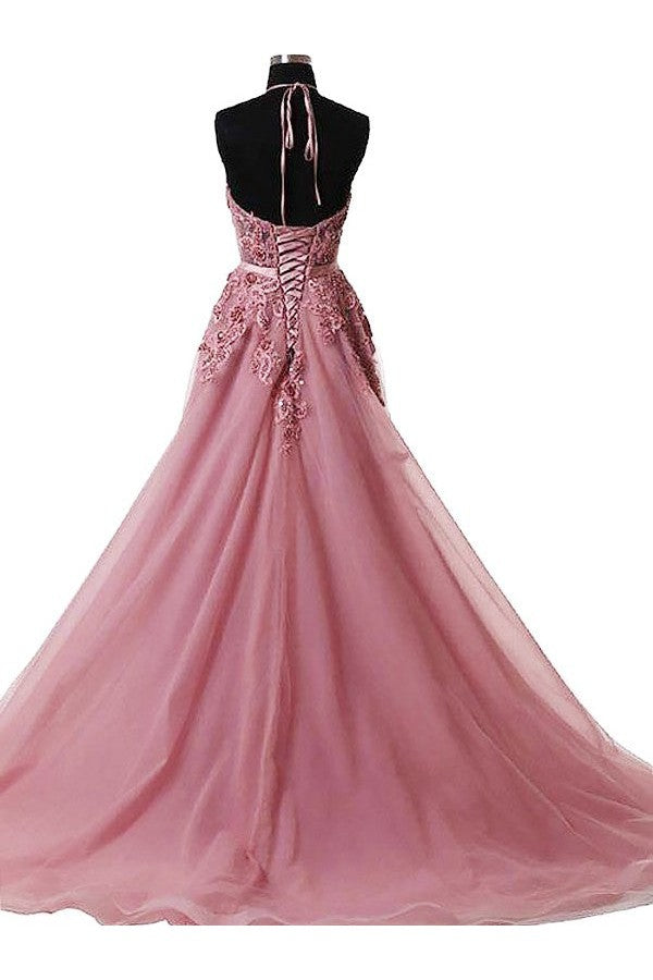 Gorgeous Halter Sleeveless With Appliques Tulle Prom Dress-ballbellauk