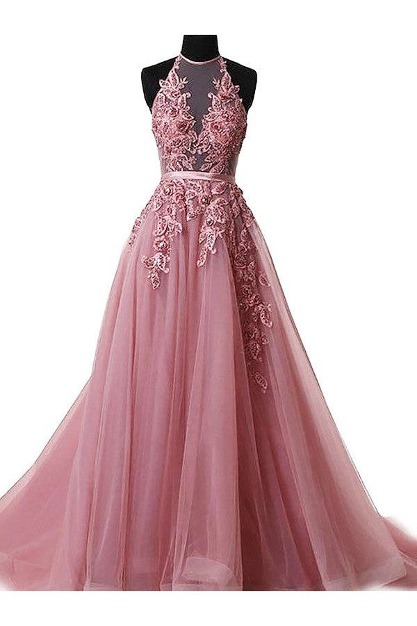 Gorgeous Halter Sleeveless With Appliques Tulle Prom Dress-ballbellauk