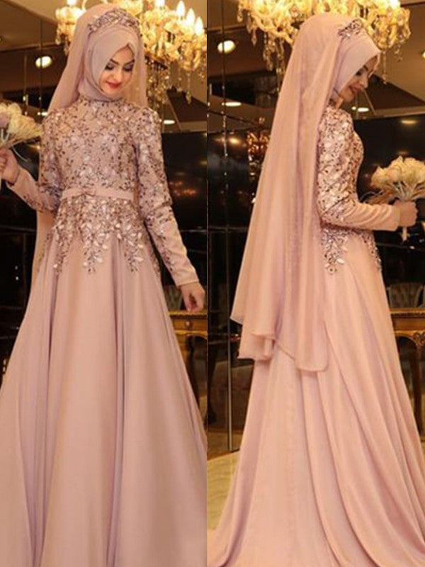 Gorgeous High Neck Long Sleeves Long Beading Evening Dress Chiffon-ballbellauk