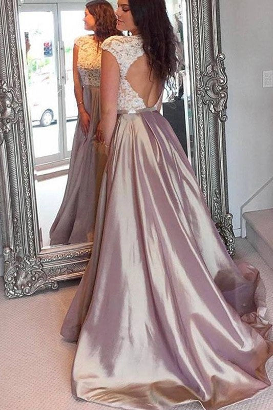 Gorgeous Jewel Sleeveless Lace Prom Dress with Satin-ballbellauk