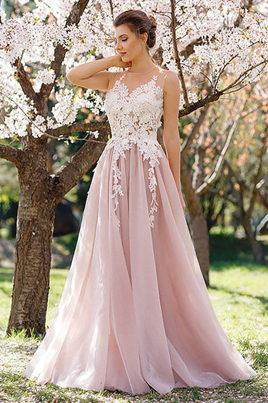 Gorgeous Jewel Sleeveless Long With Appliques Tulle Prom Dress-ballbellauk