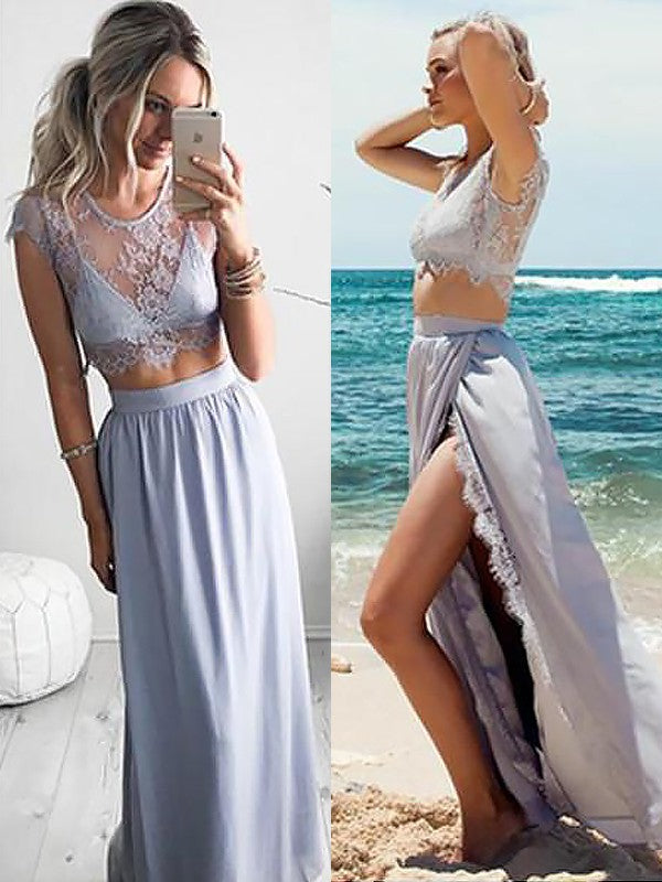 Gorgeous Jewel Sleeveless Satin Long Lace Two Piece Prom Dress-ballbellauk