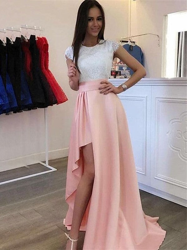 Gorgeous Lace Scoop Short Sleeves Prom Dress with Satin-ballbellauk