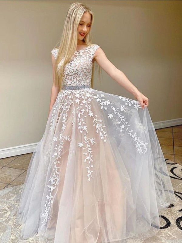 Gorgeous Lace With Appliques Bateau Sleeveless Long Prom Dress-ballbellauk