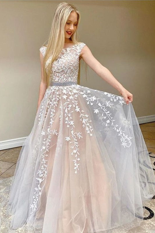 Gorgeous Lace With Appliques Bateau Sleeveless Long Prom Dress-ballbellauk