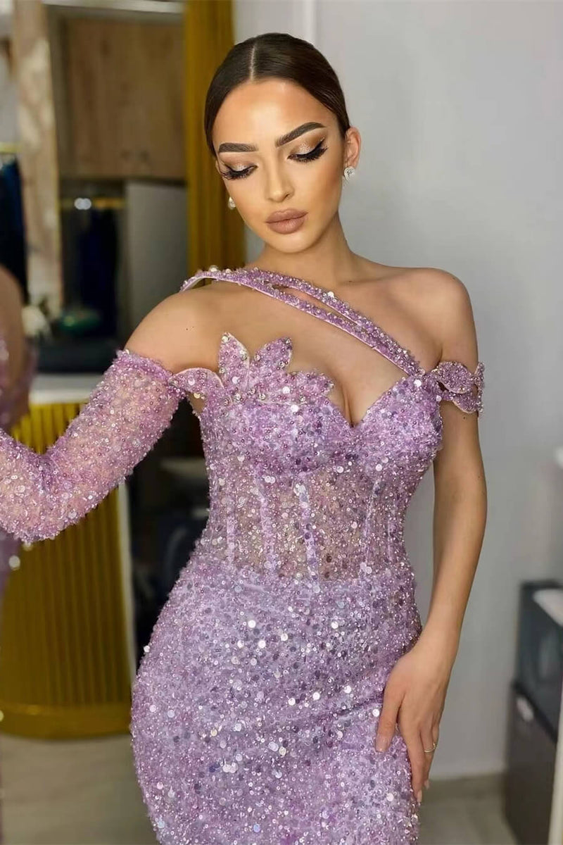 Gorgeous Lavender Prom Dress UK with Long Sleeves and Sequins-ballbellauk