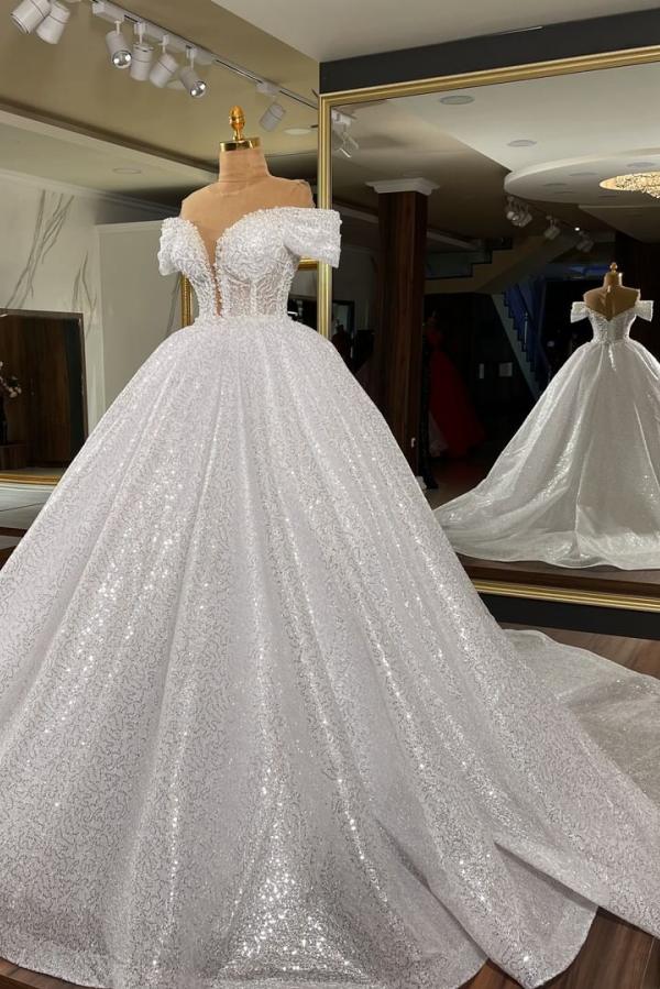 Gorgeous Long Ball Gown with Off-the-shoulder and Sequins - Wedding Dress UK-ballbellauk