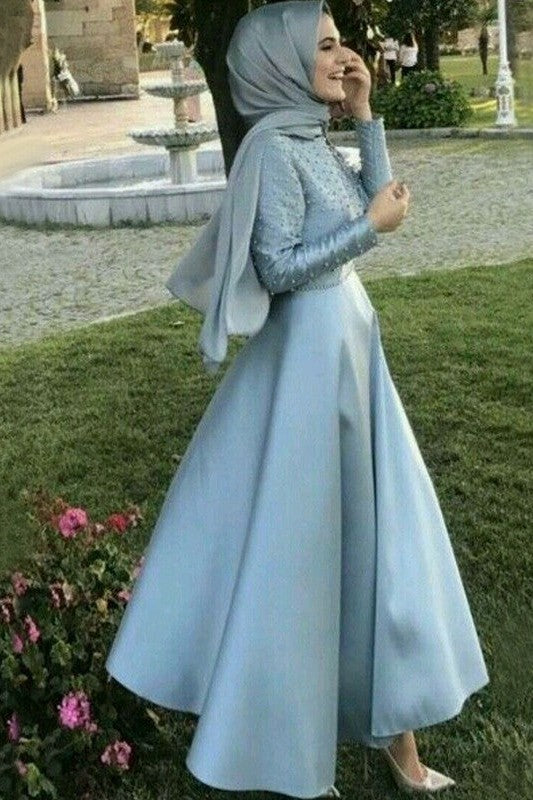 Gorgeous Long Sleeves Long Scoop Beading Satin Muslim Prom Dress-ballbellauk