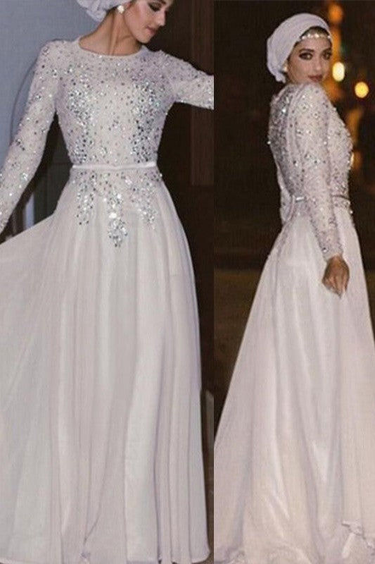 Gorgeous Long Sleeves Long Scoop Crystal Chiffon Muslim Prom Dress-ballbellauk