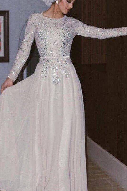 Gorgeous Long Sleeves Long Scoop Crystal Chiffon Muslim Prom Dress-ballbellauk